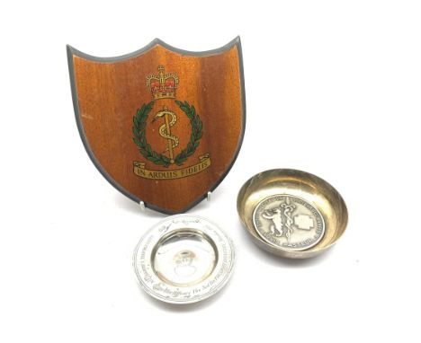 Small silver Armada dish with inscription to Lt. Col. S Bernstein, 3rd Bn. Light Infantry 1974 D9.5cm, wall shield with RAMC 