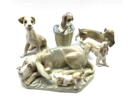 Lladro Afghan hound H12cm, Lladro Bassett hound, two other Lladro dogs and a large Nao group of a hound and puppyClick here t