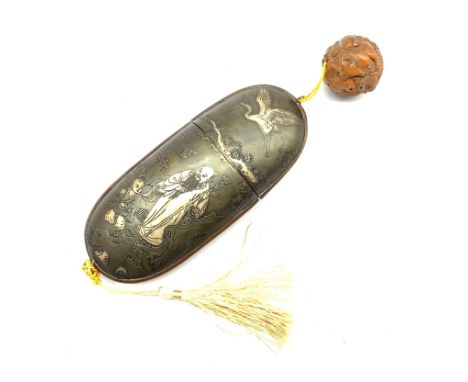 20th century oriental metal case of rounded rectangular form, decorated with figures and cranes,  with a tassel to the base a
