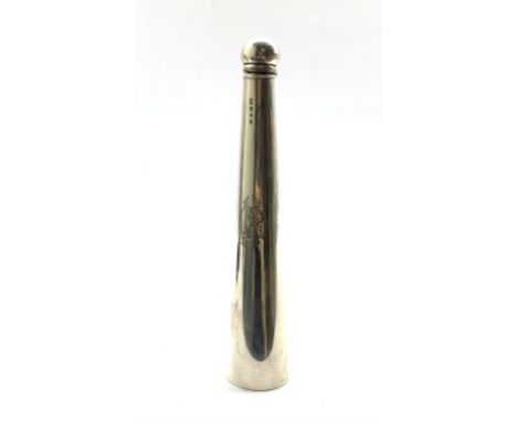 Victorian silver flask in the form of a hunting horn, the hinged cover with bayonet fitting and engraved with a monogram H24c