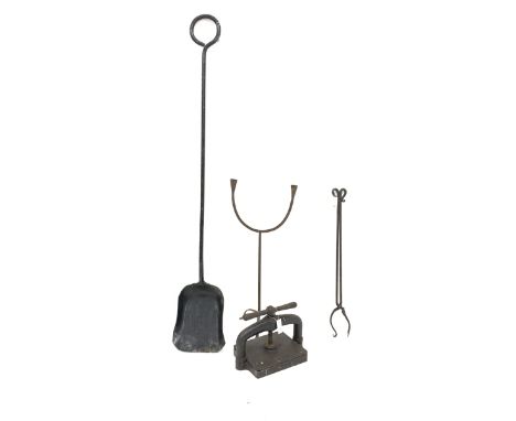 Iron furnace shovel L180cm, iron coal tongs, two branch candle stand and an iron book pressClick here to view further images,