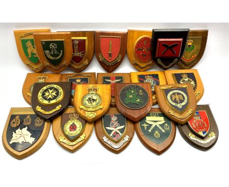Twenty-one wall plaques, many relating to the Military including '3rd Bn. Light Infantry', 'Gurkha Field Force', 'Burma Compa