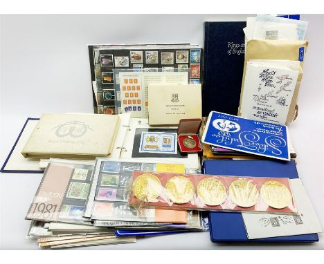 Stamps and coins including various mint decimal Queen Elizabeth II stamps, 'Silver Jubilee Stamps of Queen Elizabeth II' cont