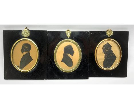 19th Century silhouette profile portrait of Mrs Wakefield aged 84, with gilt highlights 8.5cm x 7.5cm, another of a gentleman