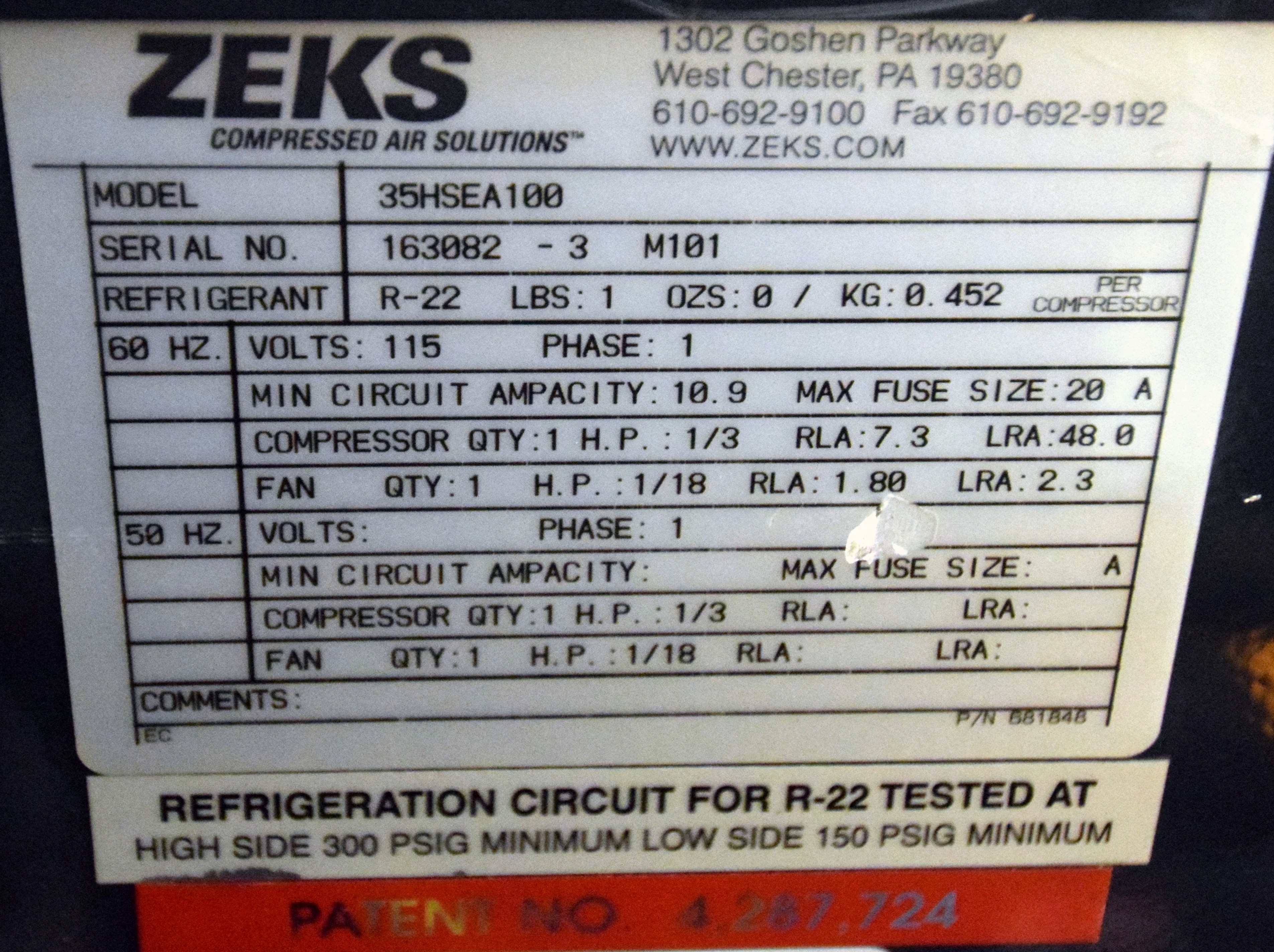 Zeks 35HSEA100 refrigerated air dryer, serial 1630823M101. With table.