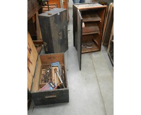 3 old wooden tools boxes and some tools.