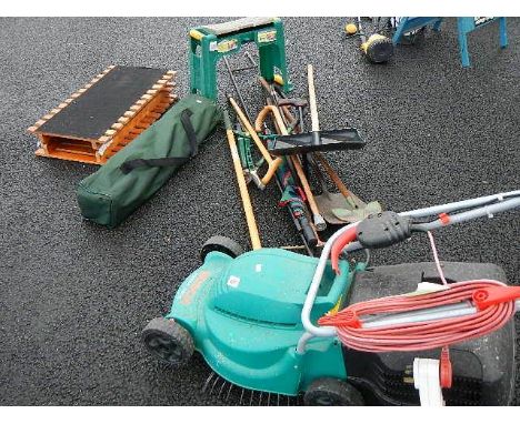 A fine lot of garden tools, chairs etc., including a working Bosch Rotak 320C.