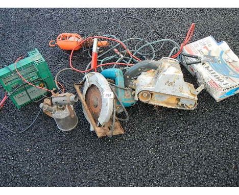 A Nikita circular saw, lead light, battery charger, foot pump, blow torch and an Elu belt sander,