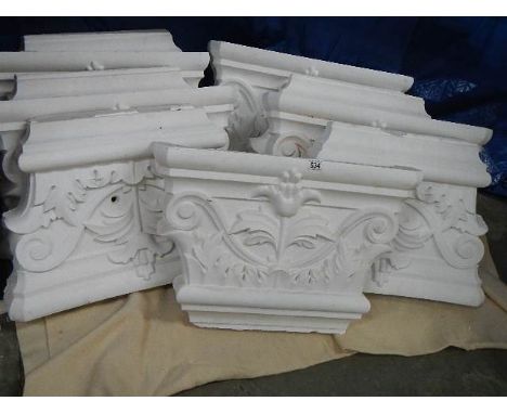 10 plaster interior column tops ideal for feature shelf mounts etc., Approximate sizes 64 cm wide, 43 cm high and 13 cm deep.