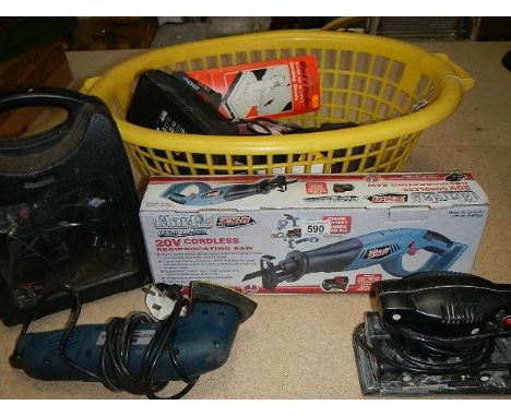 A good lot of power tools including 2 sanders, 'Dremil' style 1/100L, Clarke reciprocating saw 20v.