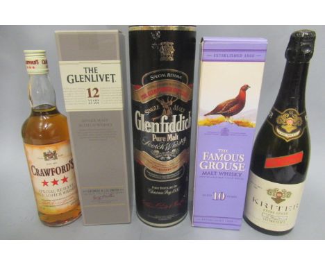 Four bottles of scotch whisky, comprising Crawford's special reserve, 1 litre Glenfiddich pure malt in tube, 12yr old Glenliv