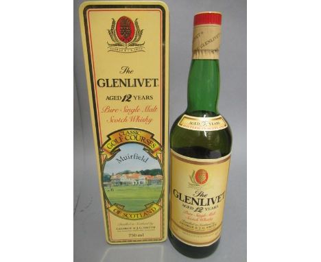 One bottle Glenlivet 12yr old Muirfield classic golf course edition, pure single malt scotch whisky, tinnedCondition good