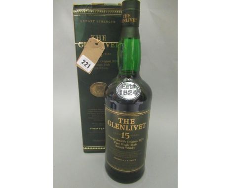 One bottle Glenlivet 15yr old George Smith's original 1824 pure scotch single malt whisky, 43% vol., boxedCondition good