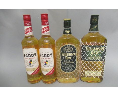 Four bottles of Irish Whiskey, comprising 2 litre bottles Tullamore triple distilled and 2 bottles Paddy Irish WhiskeyConditi