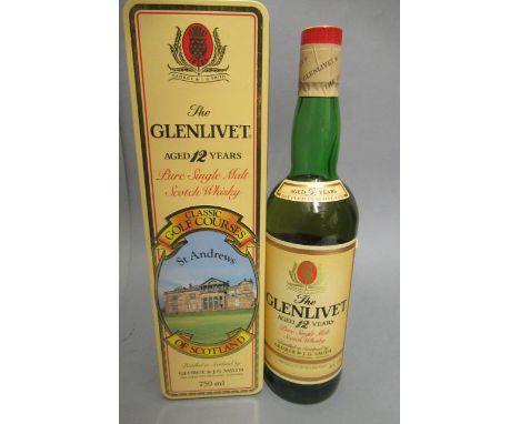 One bottle Glenlivet 12yr old St Andrews classic golf course edition, pure single malt scotch whisky, tinnedCondition goof