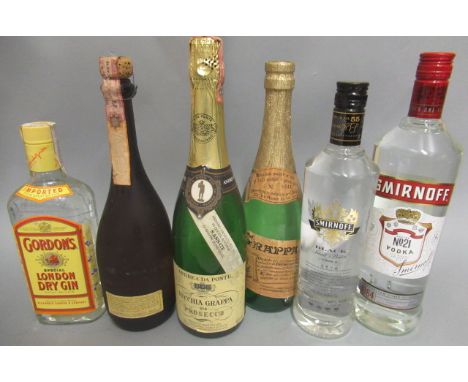 6 mixed bottles of spirits and sparkling wine, comprising 1 litre Smirnoff, 1 bottle Smirnoff Black, 1 bottle Gordon's London