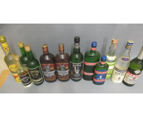 12 bottles of mixed spirits & liqueurs, comprising 2 1litre Koskenkorva Vargtass original, 1 and 1/2 bottles Brenninvin ATVR,
