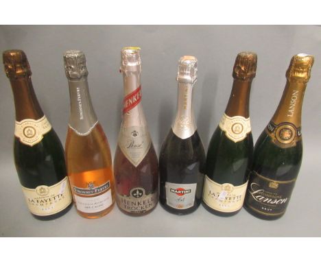 Six bottles of sparkling wine, comprising 2 bottles La Fayette champagne, 1 bottle Lanson, 1 bottle Cremaint de Bourgogne bru