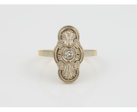 ART DÉCO RING GG, WG 585. Ringmaß ca. 57. Ges.-Gew.: 2,79 g. Ein Diamant im Antik Schliff ca. 0,12 ct.