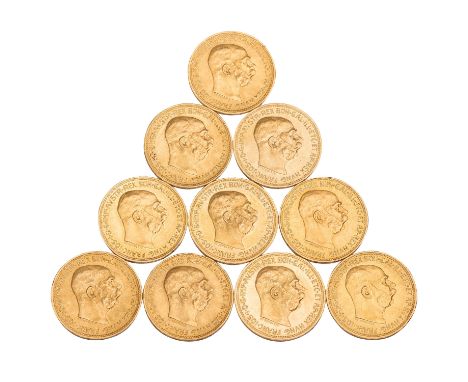 10 x Österreich/GOLD - 20 Kronen 1915/NP, Franz-Joseph, Erhalt vz oder besser, z.T. Randkerben, z.T. kleine Randfehler,Tönung
