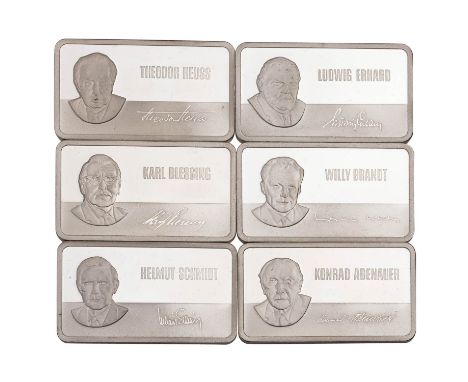 6 Silberbarren, "Die Baumeister der Bundesrepublik Deutschland" je ca. 41,5 Gramm fein, ca. 249 Gramm fein gesamt, im Etui.| 