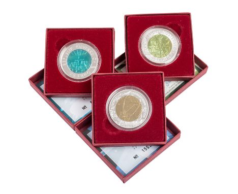 3 x Österreich - 25 € der Jahre 2006-2008, Satellitennavigation / Österreichische Luftfahrt / Faszination Licht, handgehoben,