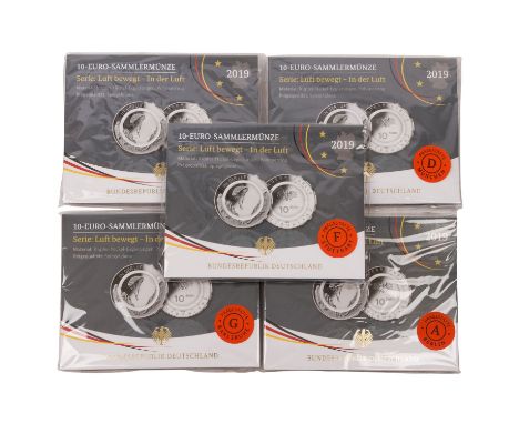 BRD - 5 x 10 Euro 2019 A/D/F/G/J, Polymerring, In der Luft, spiegelglanz.| FRG - 5 x 10 Euro 2019 A/D/F/G/J, polymer ring, In
