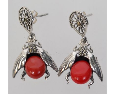 A pair of 925 silver Art Deco style bug earrings set with a coral style stone body with marcasite decoration and pierced post