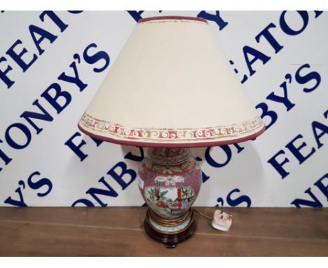 A MODERN CHINESE FAMILLE ROSE TABLE LAMP WITH PAPER SHADE 55CM HIGH APPROX