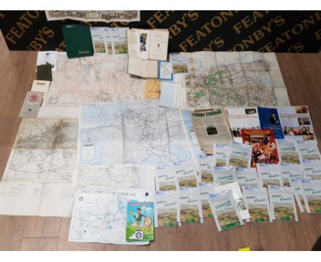 A LARGE QUANTITY OF VINTAGE ORDNANCE SURVEY MAPS OF THE BRITISH ISLES, COUNTRYSIDE ETC PLUS 2 HARDBACK BOOKS THE SONG OF HIAW