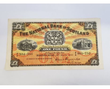 NATIONAL BANK OF SCOTLAND 1 POUND BANKNOTE DATED 28-3-1957, SERIES B/R, PICK 258C, VF