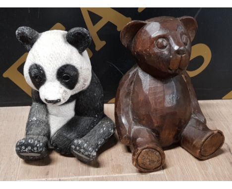 CARVED WOODEN TEDDY BEAR TOGETHER WITH CERAMIC PANDA MONEY