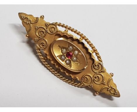 9CT YELLOW GOLD RUBY AND PEARL BROOCH, 3.1G&nbsp;GROSS
