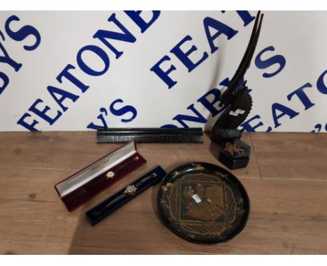 AN EBONY AND BRASS MOUNTED BOER WAR ITEM INSCRIBED FROM JD TO JH BOER CAMP CEYLON 1902 A JAPANESE LACQUER TRAY TOGETHER WITH 