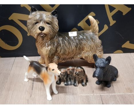 4 CERAMIC DOG ORNAMENTS INCLUDES LARGE TERRIER AND TRIO PUPPY GROUP ETC