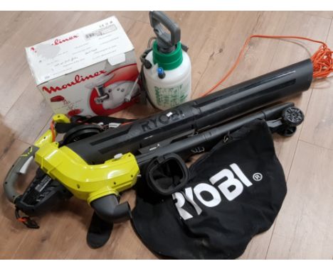 RYOBI 300W GARDEN VAC TOGETHER WITH GARDEN SPRAYER AND BOXED MOULIMEX MEAT GRINDER