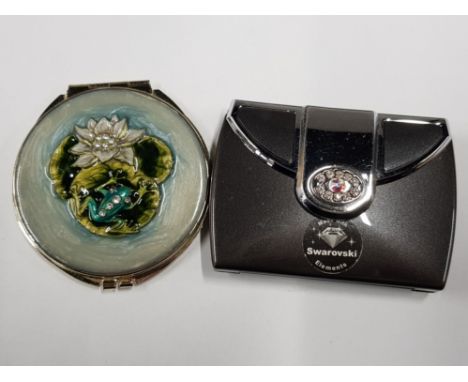 SWAROVSKI CRYSTAL COMPACT MIRROR AND ENAMEL MIRROR WITH FROG AND LILLY PAD DECORATION