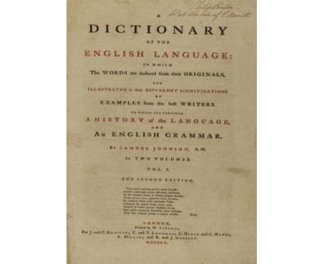 Johnson (Samuel) A Dictionary of the English Language..., 2 vol., second edition, titles with a few marginal repairs, 19th ce