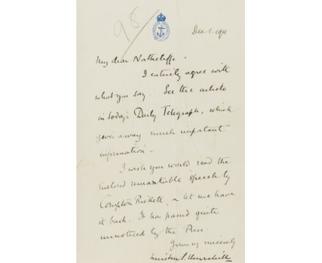 Churchill (Sir Winston Leonard Spencer, Prime Minister, 1874-1965) Letter signed to Lord Northcliffe, 1p. with conjugate blan