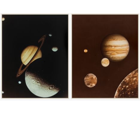Jupiter and its moons Io, Europa, Ganymede and Callisto; Saturn and six of its moons, together 2 vintage chromogenic prints, 