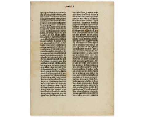 Bible leaf, Latin. Single leaf from the Gutenberg Bible, comprising Numbers 7.38-8.12, double column, 42 lines, Gothic type, 