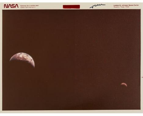 The first colour photograph of Earth and Moon together in a single frame, vintage chromogenic print, watermarked "This Paper 
