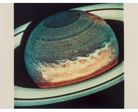 White spot on Saturn seen from the Hubble Telescope, vintage chromogenic print, NASA caption hinged to verso, 200 x 200 mm (8