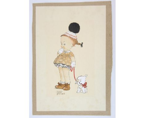 Manner of Mabel Lucie Atwell (British, 1879-1964), portrait of a little girl with her pet dog, watercolour with pen and ink, 