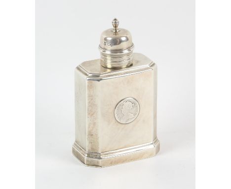 Queen Anne style box form silver tea caddy inset with a Queen Anne shilling, sliding base plate and domed cover by Thomas Bra