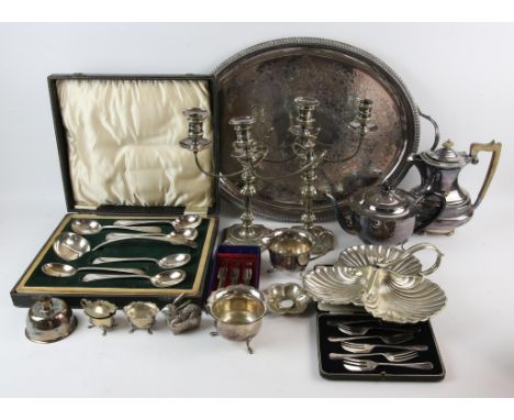 Silver plated items to include oval two handled tray, cased set of soup ladle and six soup spoons by James Dixon, pair of two