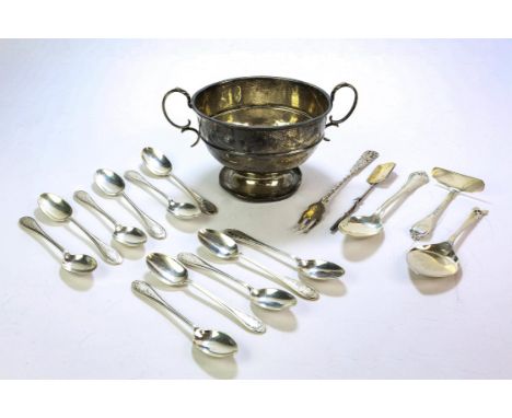 Eleven silver coffee spoons, pusher and spoon, and another spoon, various dates and makers, and a silver trophy cup, 11.5oz 3