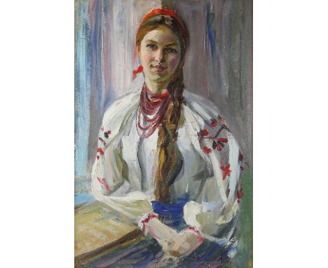 Twentieth-century British School, portrait of a young woman wearing a red headdress, oil on canvas, 75 x 51cm, framed.