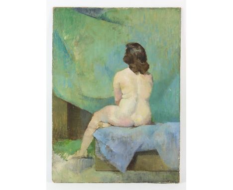 L. Hill (British, twentieth century), female nude study, oil on board, signed lower right, 55 x 41cm, with geometric abstract