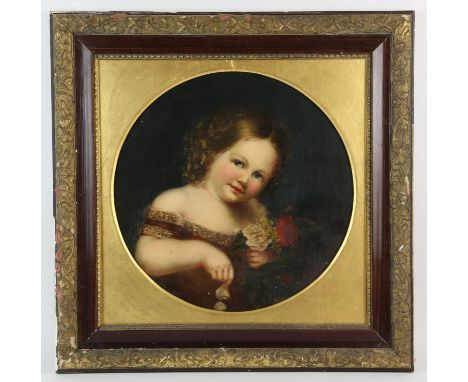 Nineteenth-century British School, circular portrait of a girl holding a bouquet of flowers, oil on canvas, 38.5 x 38.5cm, fr